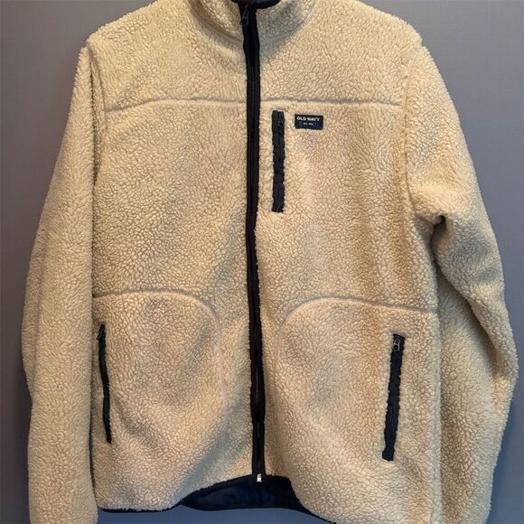 Old Navy Women's Large Cream & Navy Zippered Jacket Casual Mid-Length - Picture 1 of 7